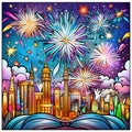 Colorful stained glass, urban, skyscrapers and fireworks shots in the sky. New Year\'s fun and festiv