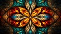 A colorful stained glass window with a orange and blue mandala abstract background generative ai