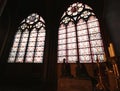 Colorful Stained Glasses and Praying Statues with Notre Dame Cathedral