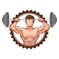 colorful stamp border with muscle man lifting a disc weights