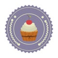 colorful stamp with olive crown and cupcake with cherry in round frame