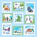Colorful stamp set with winter landscape, houses