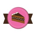 Colorful stamp sticker with piece of cake with cream and ribbon