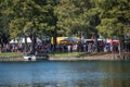 Colorful stands in dock side on Come Out With Pride Orlando parade at Lake Eola Park area in downtown area 3 Royalty Free Stock Photo