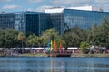 Colorful stands and flags in dock side on Come Out With Pride Orlando parade at Lake Eola Park area in downtown area 2. Royalty Free Stock Photo