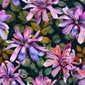 Colorful Star Magnolia and leaves seamless pattern Exotic Magnolia Stellata watercolor allover repeated background Vibrant