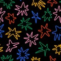 Colorful star seamless pattern. Yellow, red, green, pink, blue childish repeating motif on black background. Cartoon Royalty Free Stock Photo