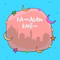 Colorful stars and moons decorated orange frame with silhouette of mosque for holy month of muslims, Ramadan Kareem