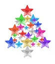 Colorful stars in shape of Christmas tree white background isolated close up, decorative New Year fir made of shiny stars Royalty Free Stock Photo
