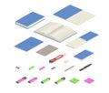 Colorful stationery supplies isometric set. Isometric set of office equipment. Flat vector illustration. Isolated on Royalty Free Stock Photo