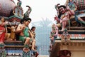 Colorful statues placed over the roof of Sri Mariamman Temple, the oldest hindu temple in Singapore Royalty Free Stock Photo