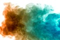 Colorful steam exhaled from the vape with a smooth transition of color molecules from yellow to blue on a white background like a