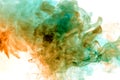 Colorful steam exhaled from the vape with a smooth transition of color molecules from yellow to blue on a white background like a