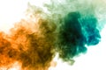 Colorful steam exhaled from the vape with a smooth transition of color molecules from yellow to blue on a white background like a