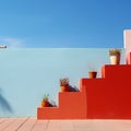 colorful steps and potted plants against a blue wall