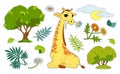 Colorful sticker pack with a giraffe, trees, flowers, sun isolated on white background. Cut and glue children games and