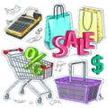 Colorful sticker, set supermarket and trade, the trading equipment, cash register and bags