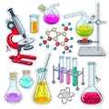 Colorful sticker, set of various devices for chemical experiments, microscope