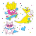 Colorful Stickers pack. Set of cute cartoon characters. Little superman cat, magic kangaroo, french fries Royalty Free Stock Photo