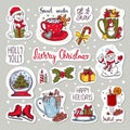 Colorful stickers set of icons. Christmas and new year elements. Vector illustration. Isolated on a gray background Royalty Free Stock Photo