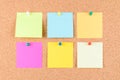 Colorful sticky note on brown cork board with colorful tack pin or Thumbtack or pushpin