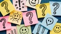 Colorful Sticky Notes With Question Marks, Exclamation Points, and Smiling Faces Royalty Free Stock Photo