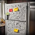 Colorful Sticky Notes and Magnets on a Refrigerator. Generative AI.