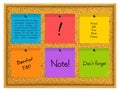 Colorful sticky notes pinned to a cork notice board with push pins. Vector. Royalty Free Stock Photo