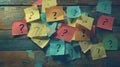 Question Marks Drawn on Colorful Sticky Notes Scatter on a Wooden Table Royalty Free Stock Photo