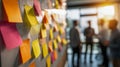 Colorful sticky notes on a wall in a bright office space with team members brainstorming and collaborating during a work meeting Royalty Free Stock Photo