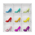 Colorful stiletto high heel shoes exhibited on white shelf, isolated on white background