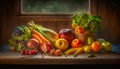 A colorful still life of fruits and vegetables arranged on a rustic wooden table. Generative AI