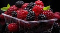 Colorful Still Life Photography Of Raspberries In Plastic Container Royalty Free Stock Photo