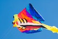 Colorful Stingray Kite design flying on blue sky.