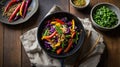 Delicious Stir-fried Vegetables in Black Pan with Colorful Peppers Royalty Free Stock Photo