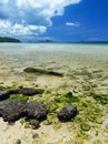 Colorful stones and white fine sand coral beach