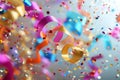 Colorful streamers and streamers of confetti fluttering in the air during a festive celebration, Artsy shot of confetti and