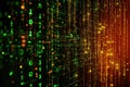 Vibrant digital data streams in green and orange colors illuminating a dark background Royalty Free Stock Photo