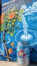 Colorful street art featuring water pouring into a painted metal bucket with flowers and fish Royalty Free Stock Photo