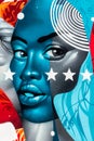 Colorful street art graffiti mural showing face of beautiful bold afro american woman and the stars of the american flag