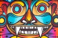 Colorful street art graffiti mural showing psychedelic face of young man smiling with large white fangs