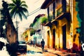 Colorful street in Cartagena, Colombia. Vintage painting style