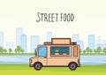 Beige street-food truck on cityscape background with trees and skyscrapers. Car selling burgers and salads. Vector