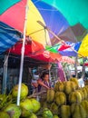 Colorful street fruit stalls in summer time