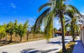 Colorful street with houses palms cars restaurants Puerto Escondido Mexico Royalty Free Stock Photo