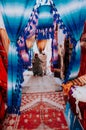 Colorful street market in morocco. Sale of textiles on the street Royalty Free Stock Photo