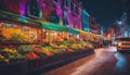 Colorful street by night. Street lights. Wide angle.