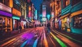 Colorful street by night. Street lights and buildings. Wide angle. Royalty Free Stock Photo