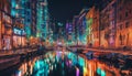 Colorful street by night. Street lights and river. Wide angle.