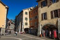 Colorful street with old buildings and people in Annecy Royalty Free Stock Photo